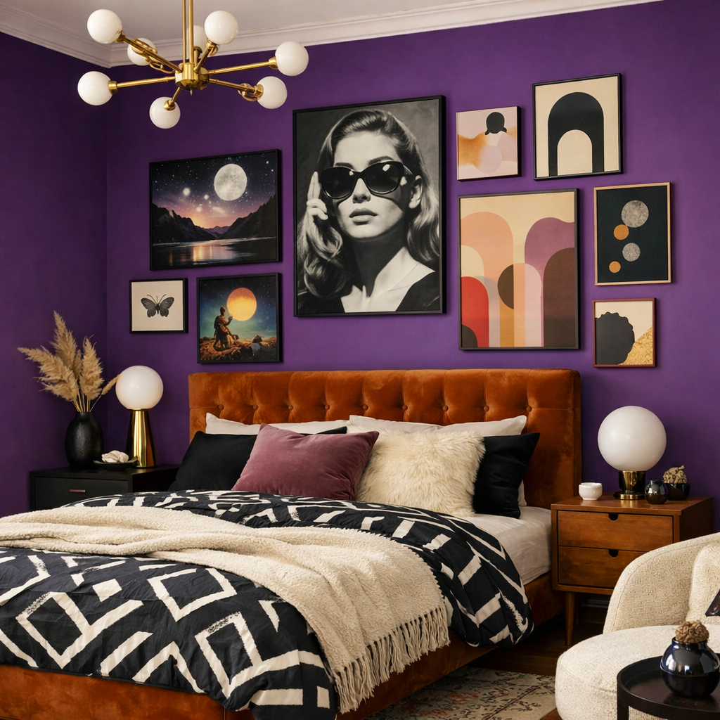 A beautifully decorated bedroom featuring a vibrant purple accent wall, stylish art, a brown upholstered bed, and cozy decorative elements.