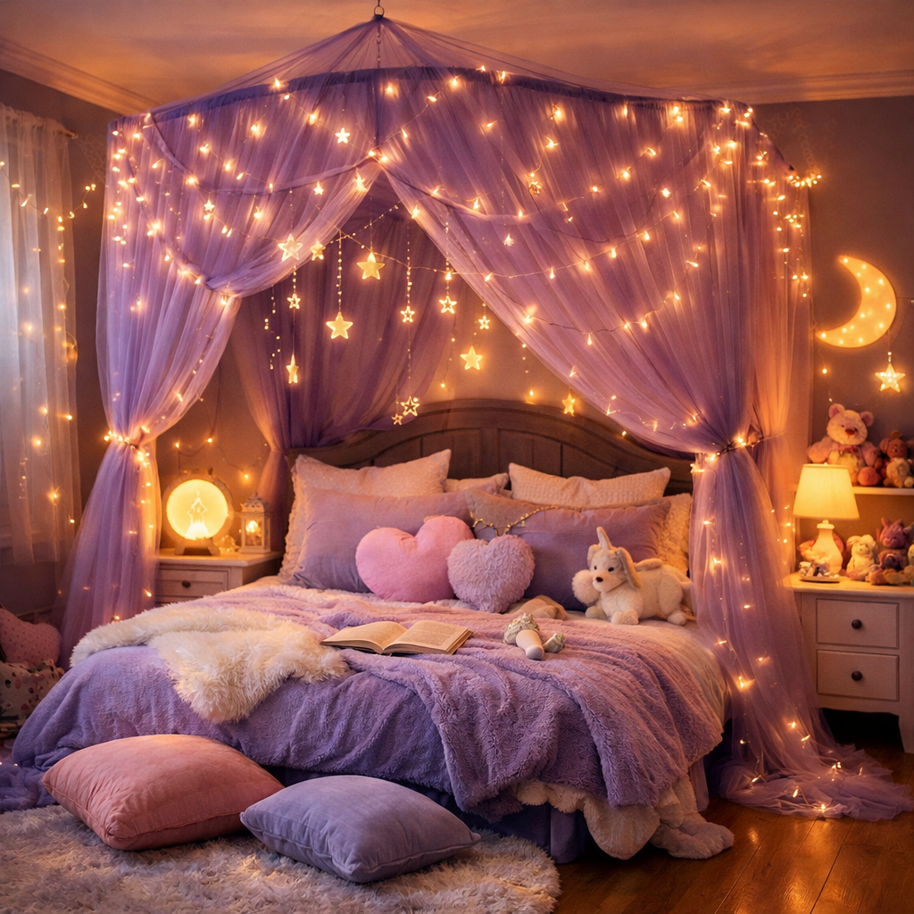 A whimsical purple girls bedroom with fairy lights, a cozy bed, and plush pillows.