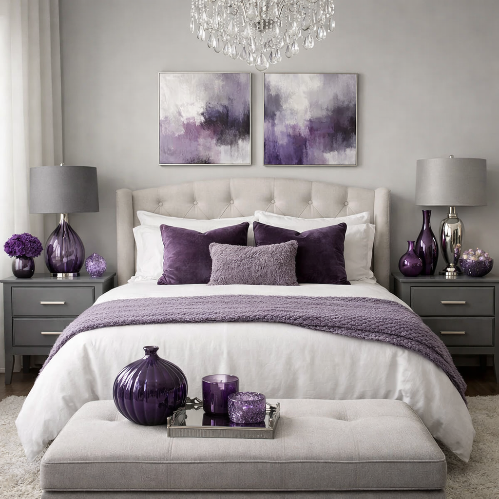 A stylish gray and purple bedroom featuring gray nightstands, decorative pillows, and chic accent pieces.