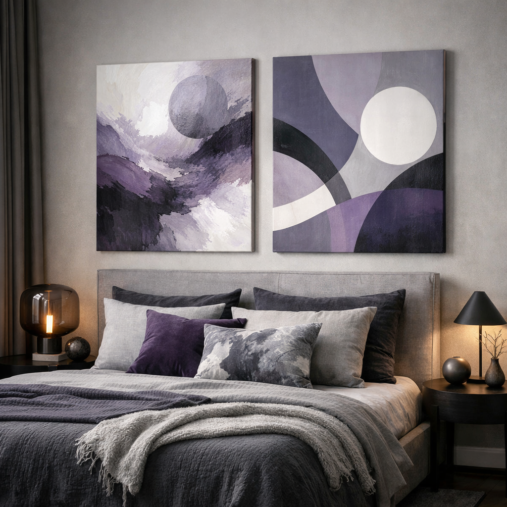 A modern bedroom featuring purple and gray artwork above the bed, with cozy textured bedding and decor.