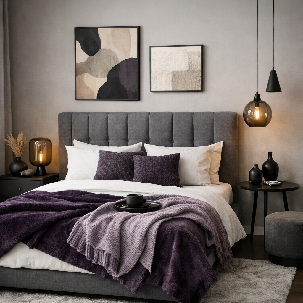 A stylish bedroom featuring a gray upholstered headboard, purple throws, and modern lighting.