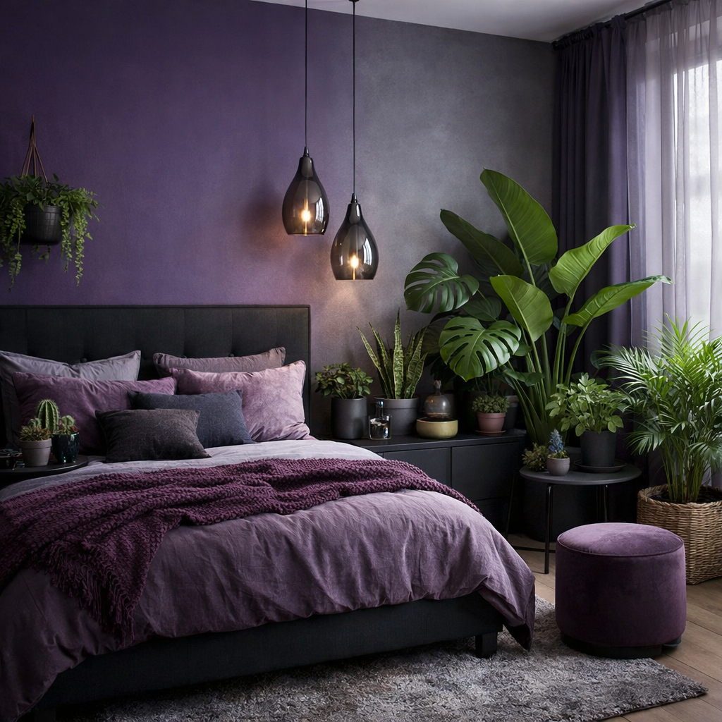 A stylish purple and gray bedroom featuring lush indoor plants