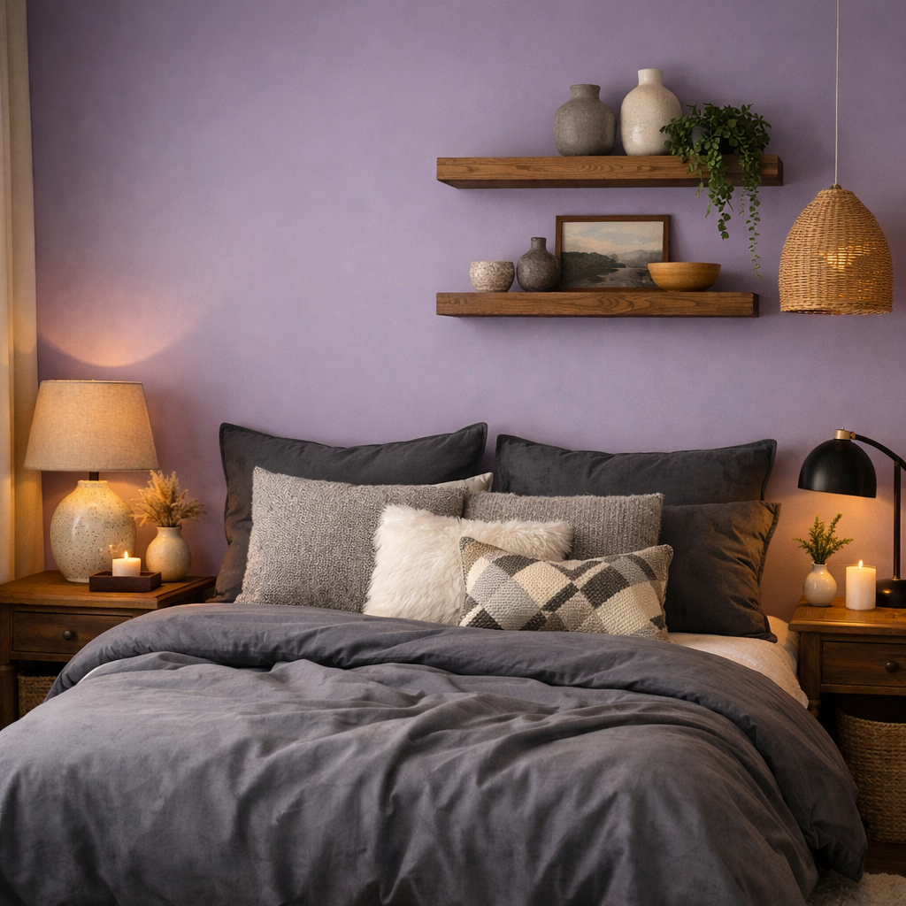A cozy bedroom with a lavender accent wall, featuring gray bedding and decorative wooden shelves.
