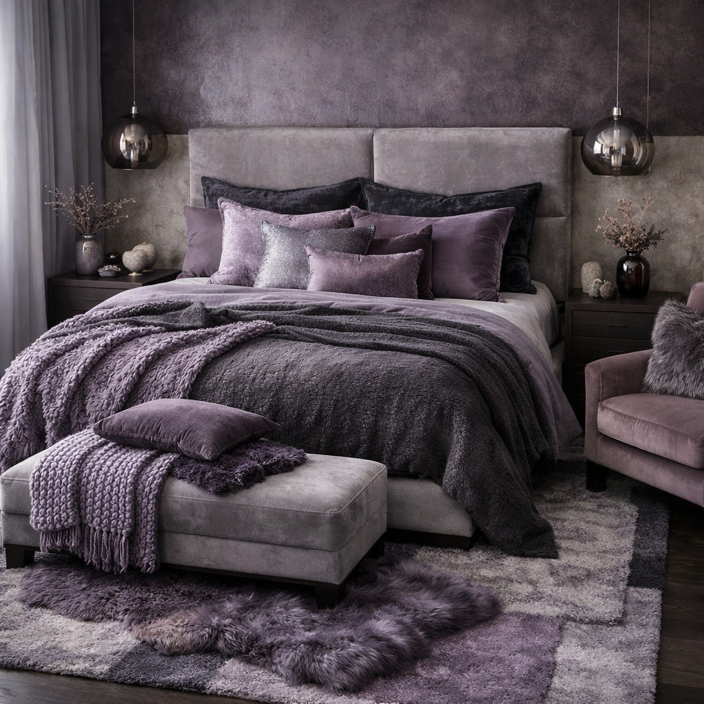 A cozy bedroom featuring layered textures in purple and gray