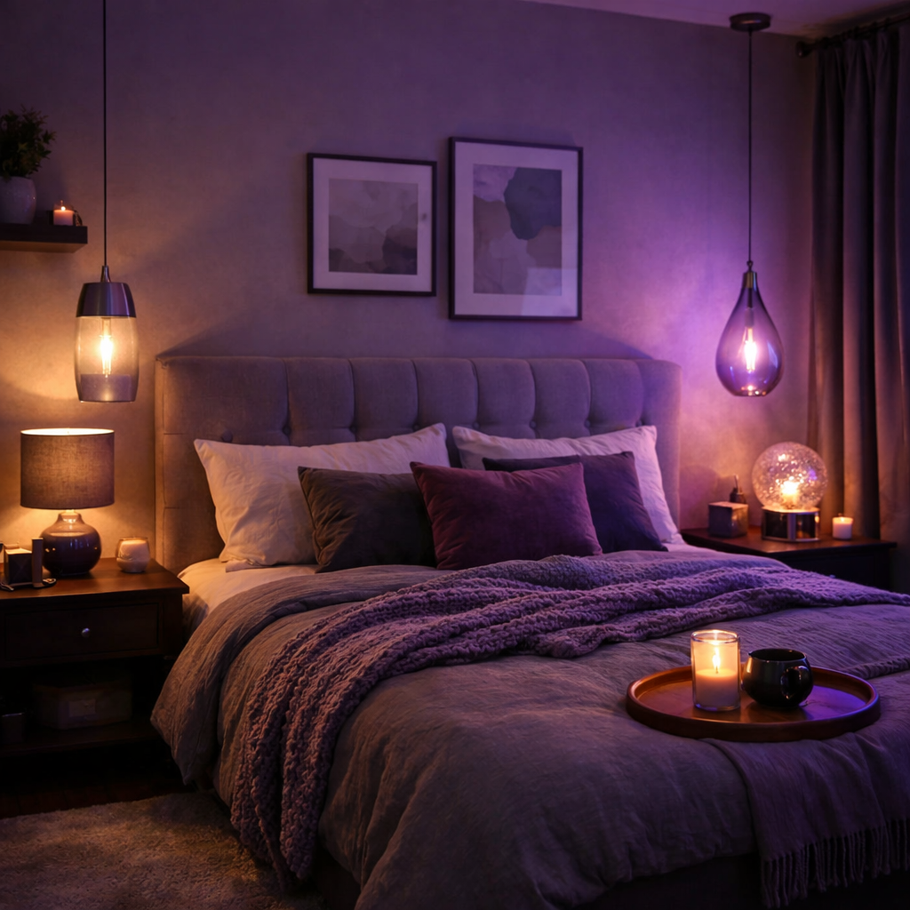 A cozy bedroom with purple and gray tones, featuring stylish lighting fixtures that enhance the ambiance.