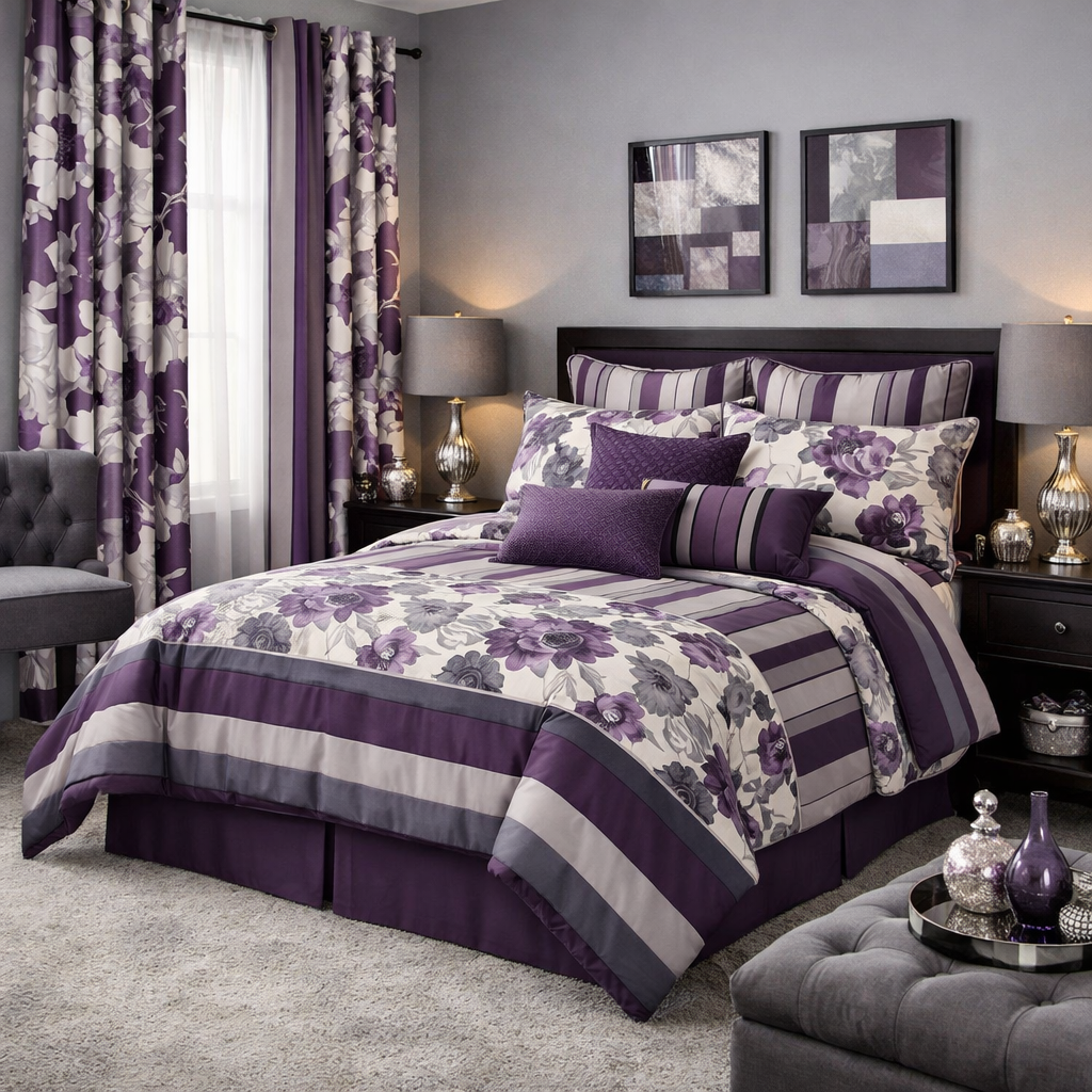 A stylish purple and gray bedroom featuring a mix of striped and floral bedding, curtains, and decor.