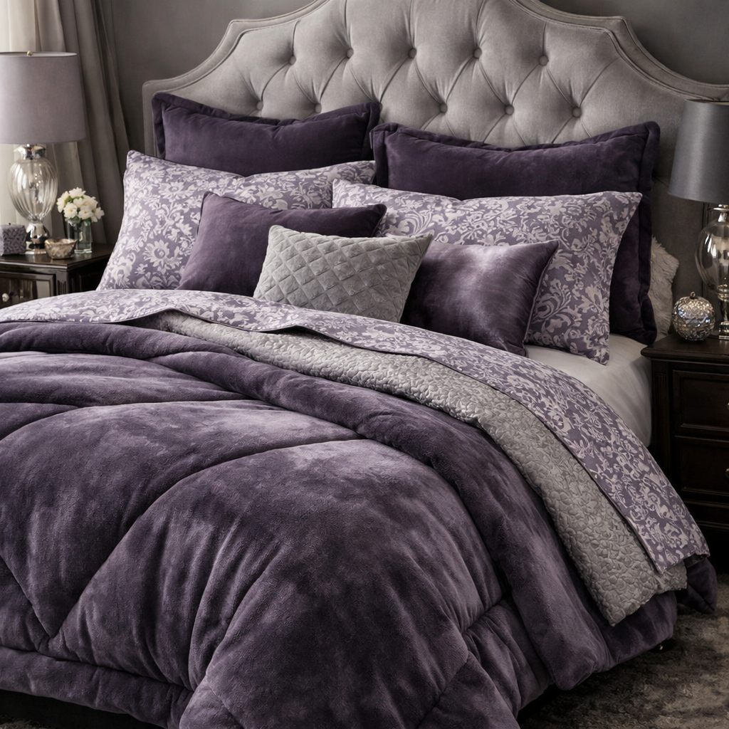Purple and gray bedding combinations featuring different textures and patterns