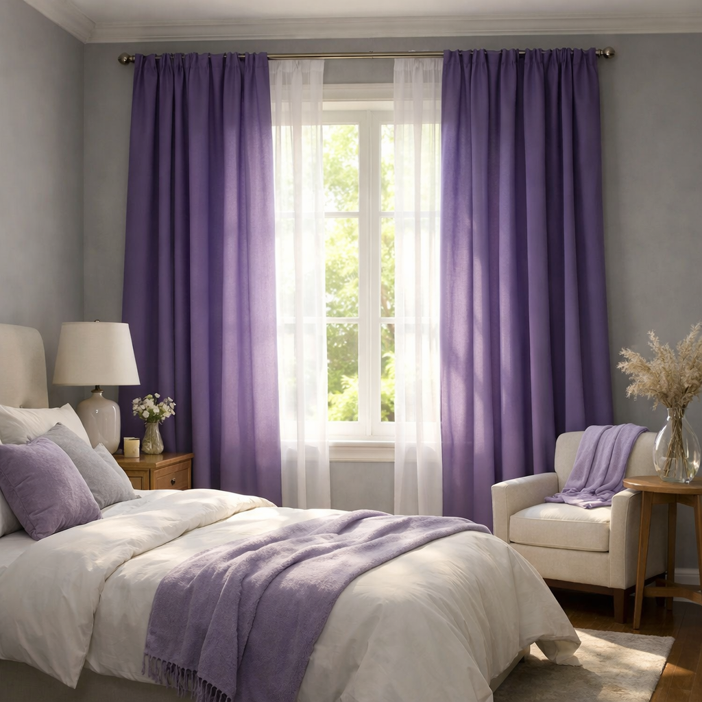 Purple curtains hanging in a bedroom with gray walls and a bed.