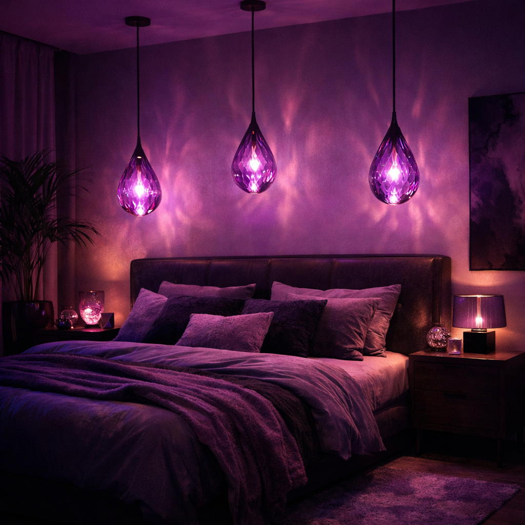 Amethyst lighting fixtures above a cozy purple-themed bedroom.
