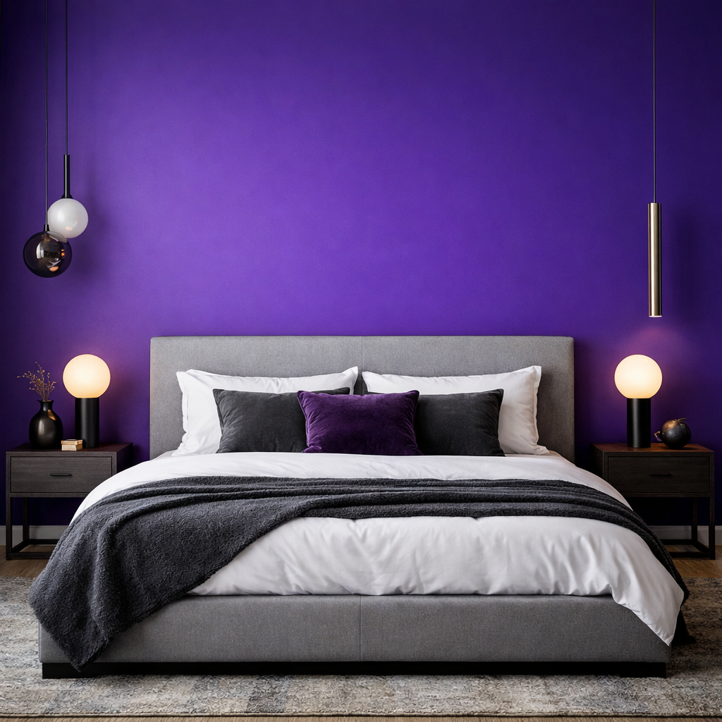 A modern bedroom with a bold purple accent wall, gray bed and furnishings, and stylish lighting.
