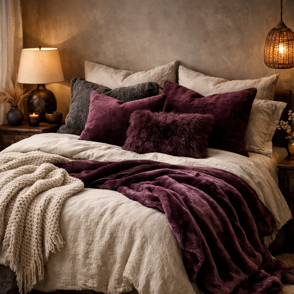 Cozy purple bedroom featuring deep plum accents with pillows and a warm blanket