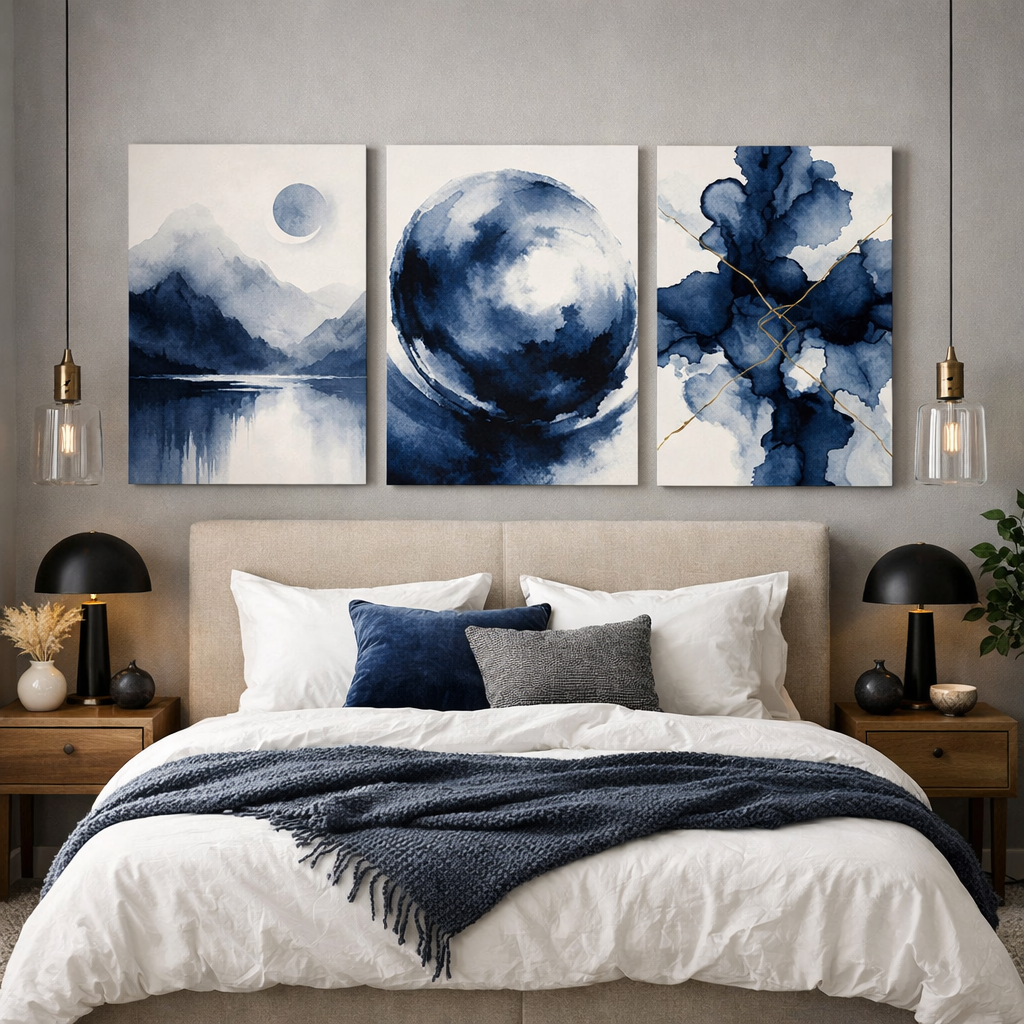 Indigo wall art above a styled bed in a purple bedroom, featuring three abstract canvases