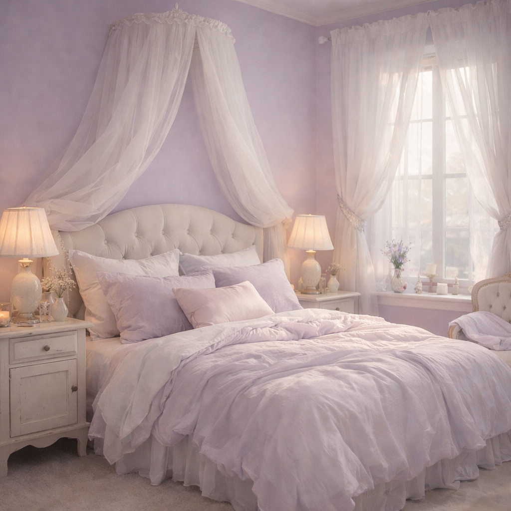 A beautifully decorated lavender bedroom featuring a plush bed with ruffled bedding and white curtains.