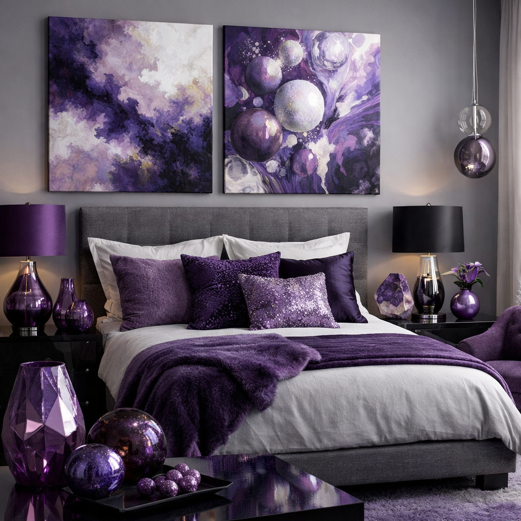 Stylish purple-themed bedroom decor with plush bedding, artistic wall art, and elegant accessories.