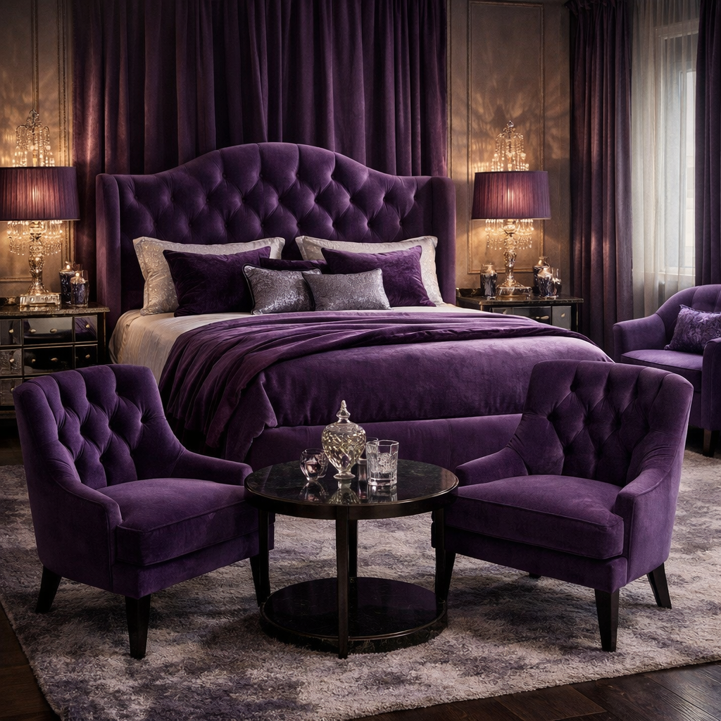 A luxurious purple bedroom featuring velvet upholstery and decor.