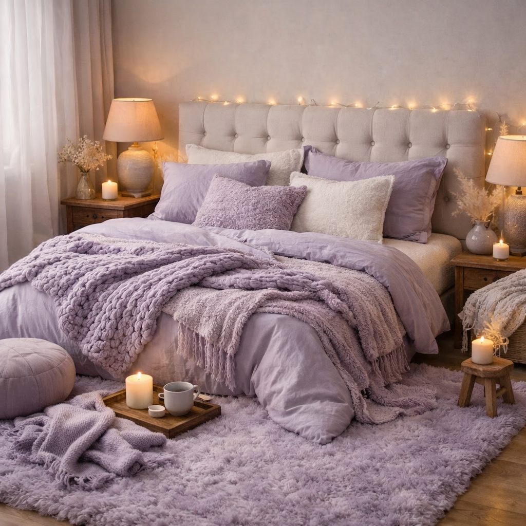 A cozy bedroom featuring soft lilac textiles, layered blankets, plush pillows, and warm lighting.