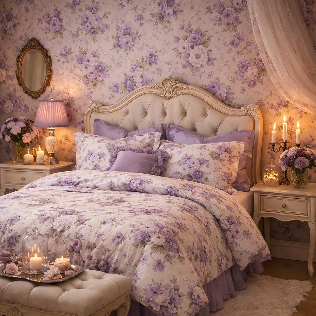 A cozy purple bedroom decorated with violet floral patterns on the walls and bedding, featuring candles and floral arrangements.