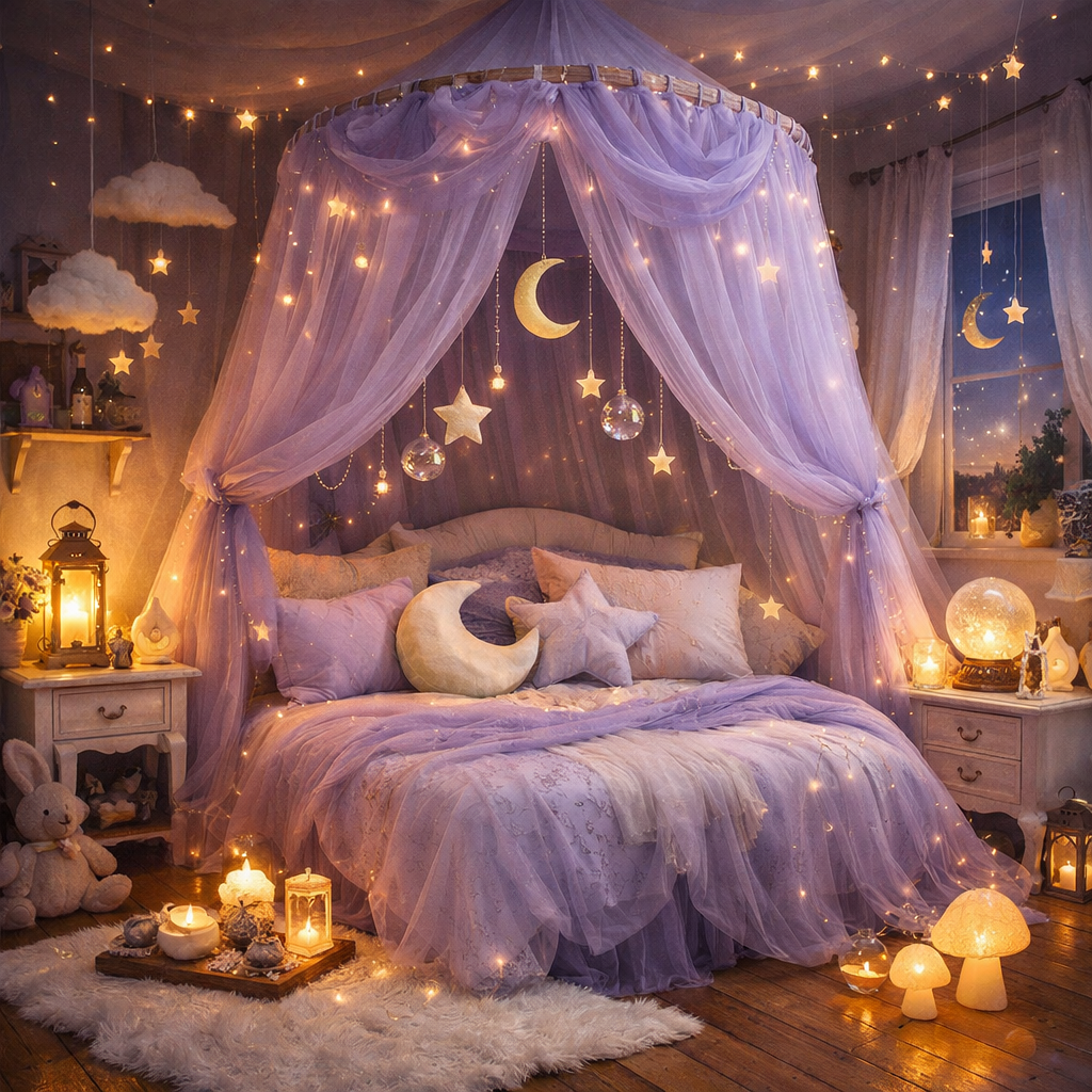 A whimsical lavender canopy bedroom with twinkling lights, star decorations, and cozy bedding.