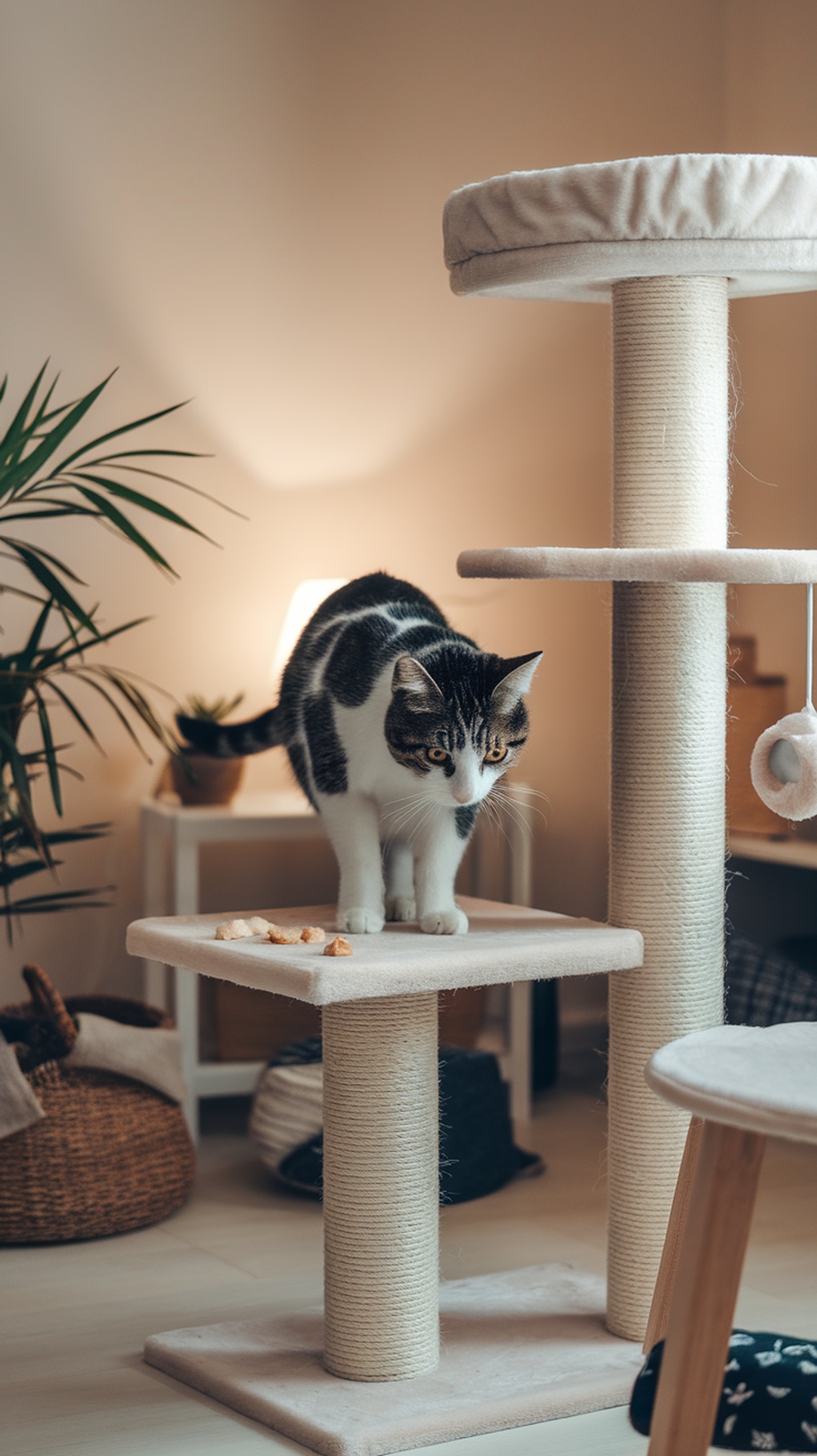 A curious cat exploring a new cat tree in a cozy room.