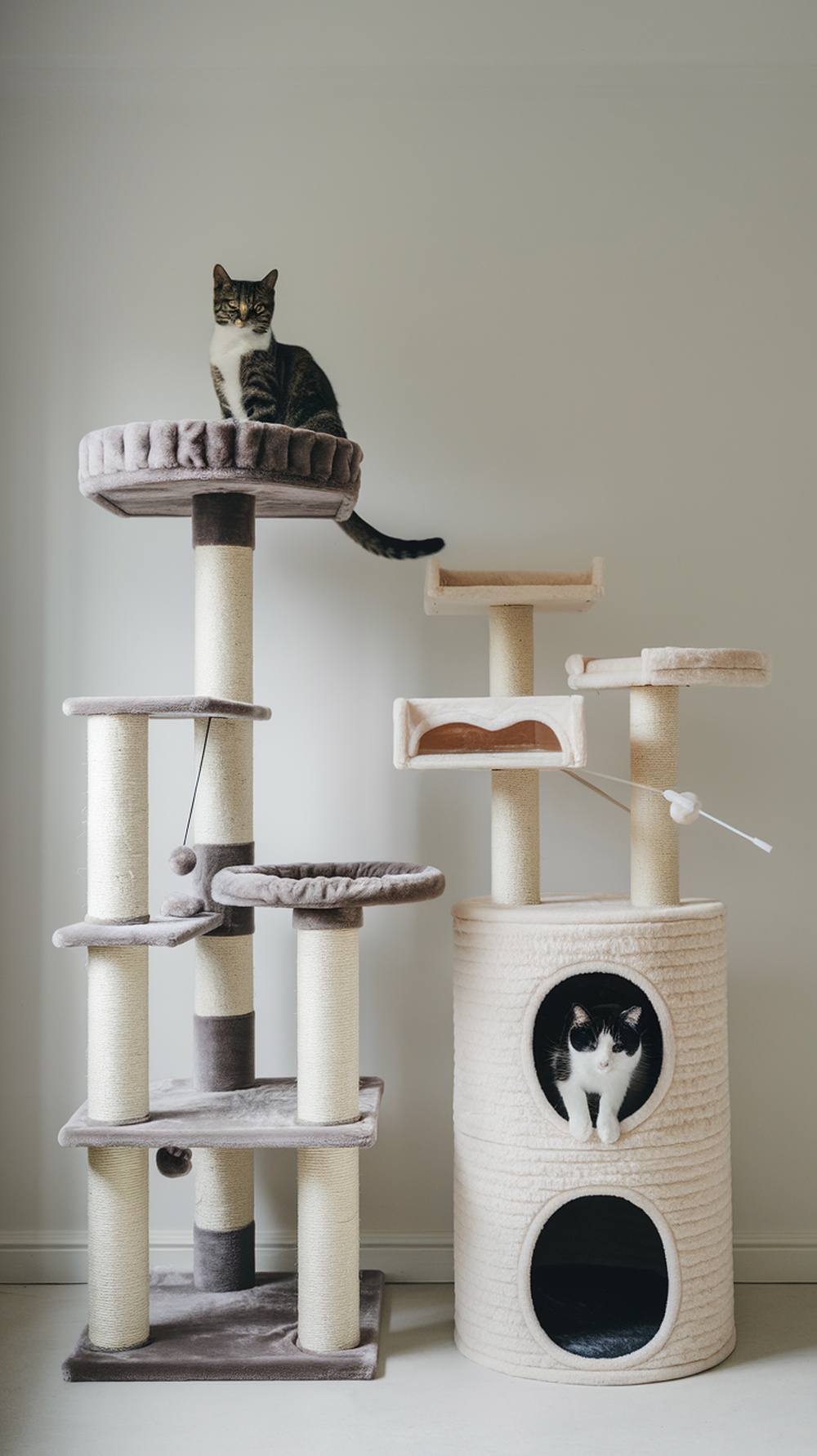 A tall cat tree with a tabby cat on top and a cozy cat condo with a black-and-white cat peeking out.