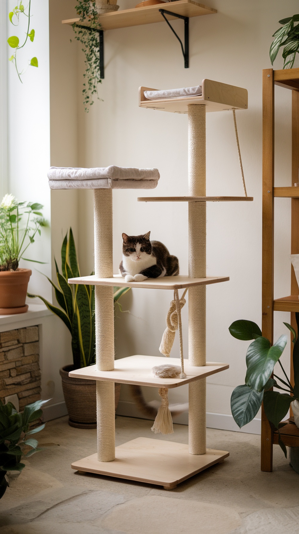 A modern cat tree made of natural materials with a cat lounging on one of the platforms.
