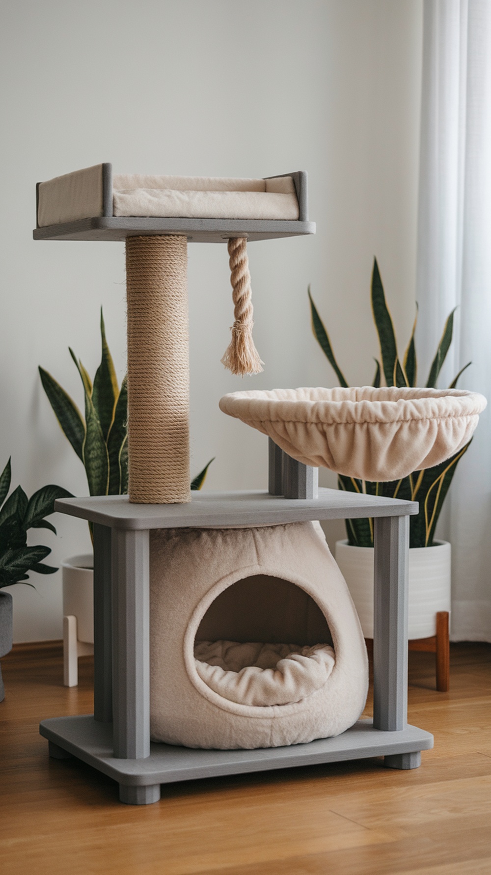 A stylish cat tree with a cozy bed, scratching post, and a cave for resting.