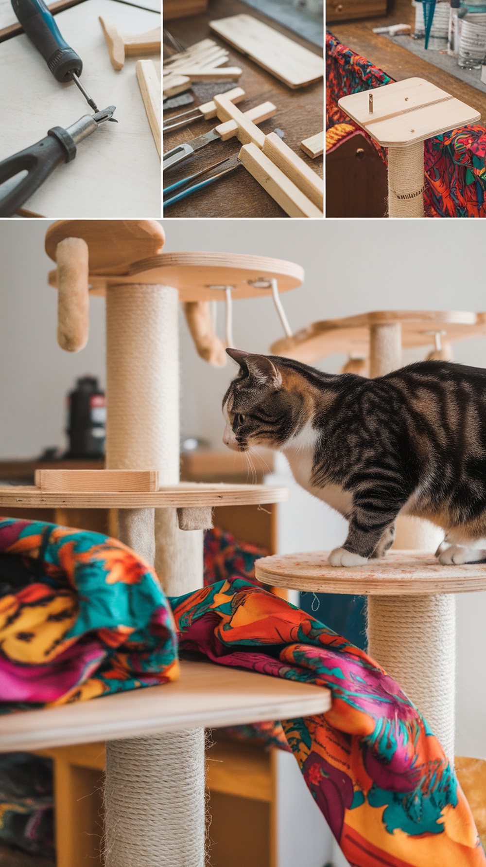 A DIY cat tree in progress with tools, materials, and a cat inspecting the structure.