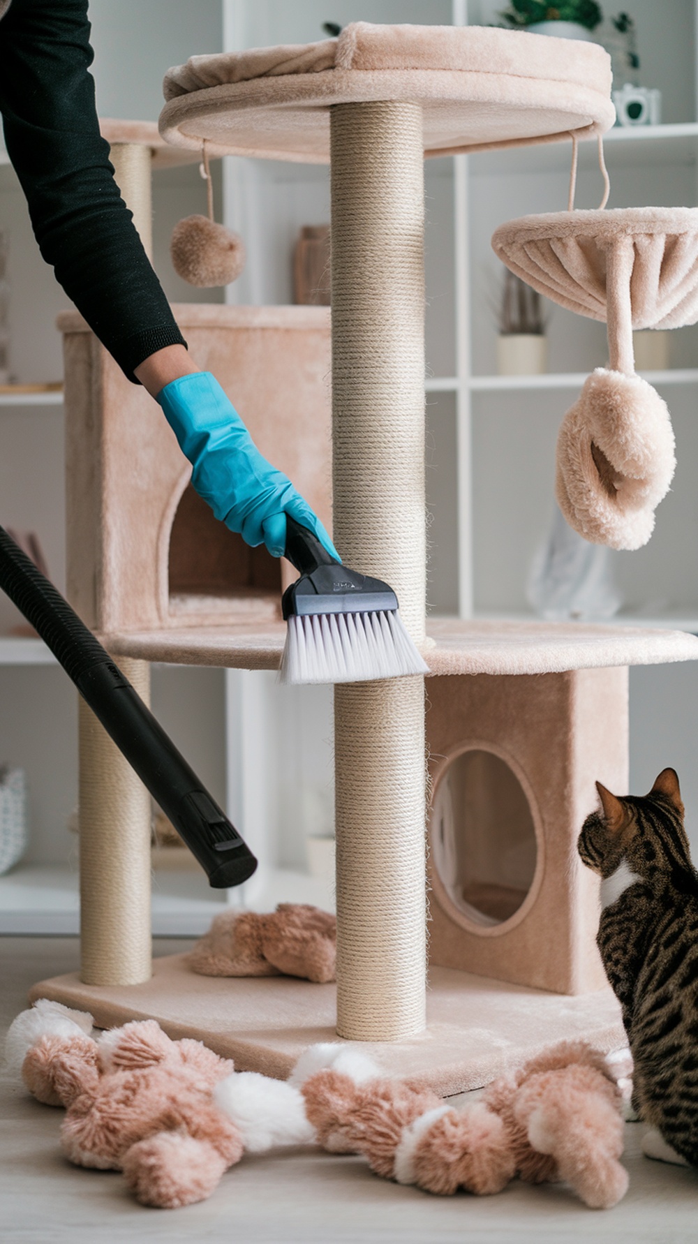 A person cleaning a cat tree with a brush and vacuum, while a cat watches.