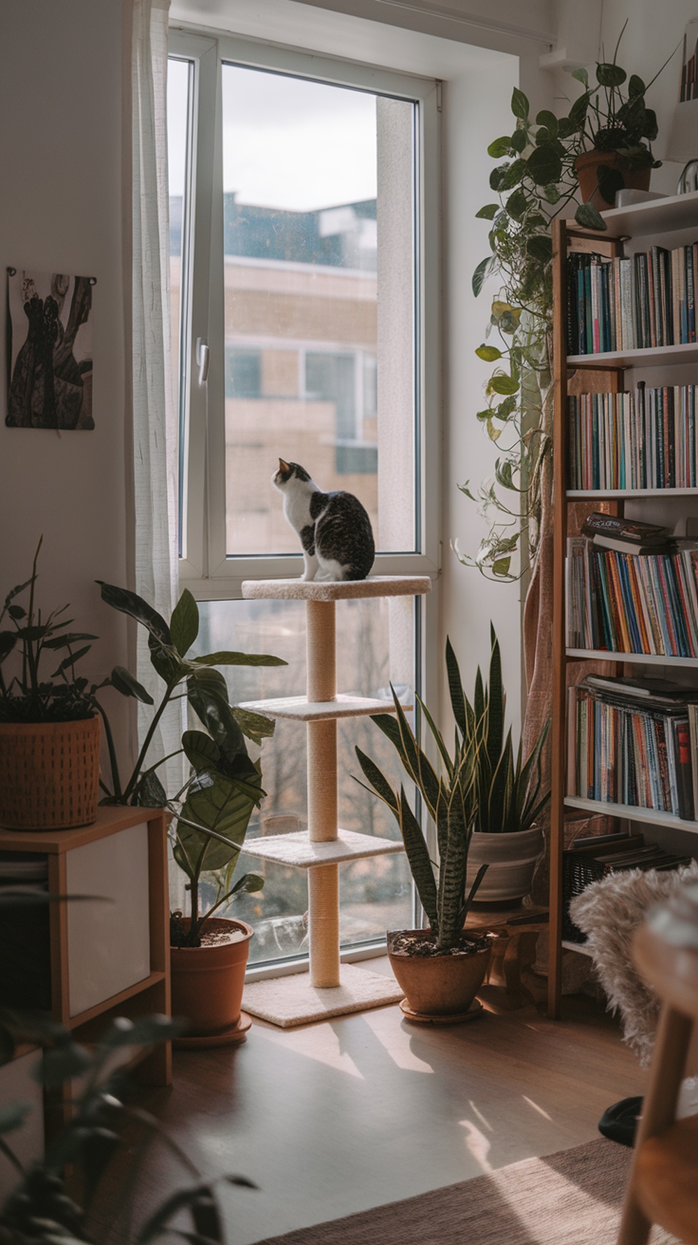 A cat sitting on a tree near a window, surrounded by plants and bookshelves.