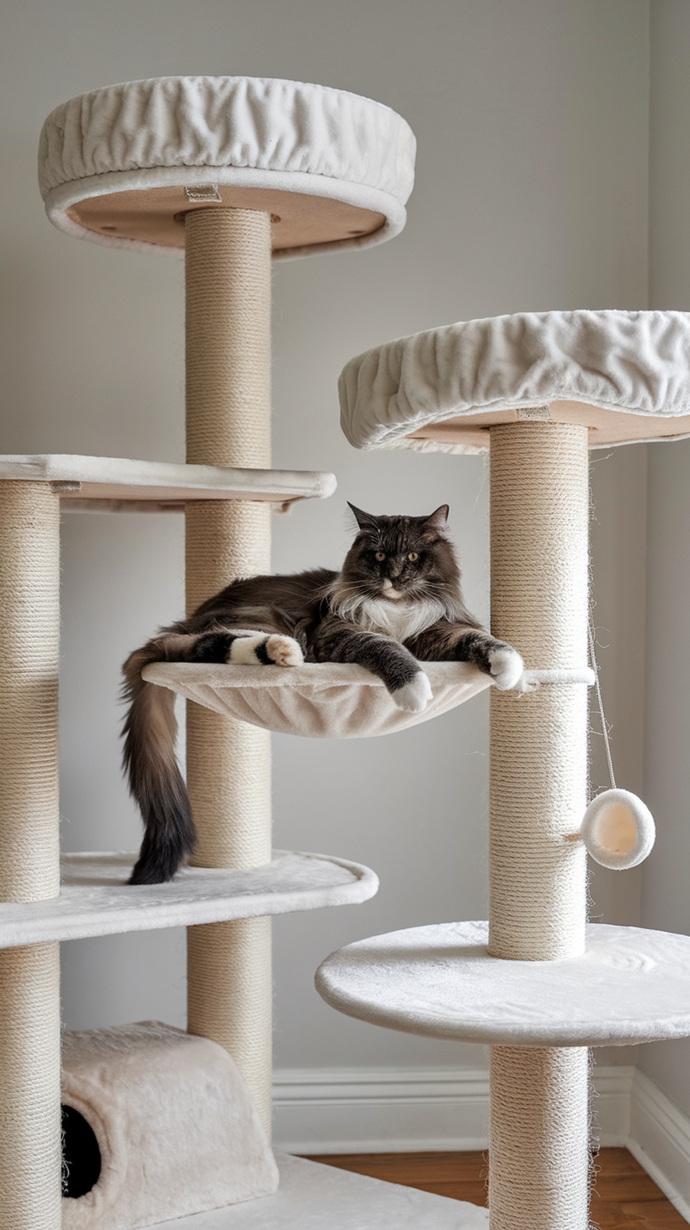A large cat lounging on a spacious cat tree with multiple levels and a soft design.