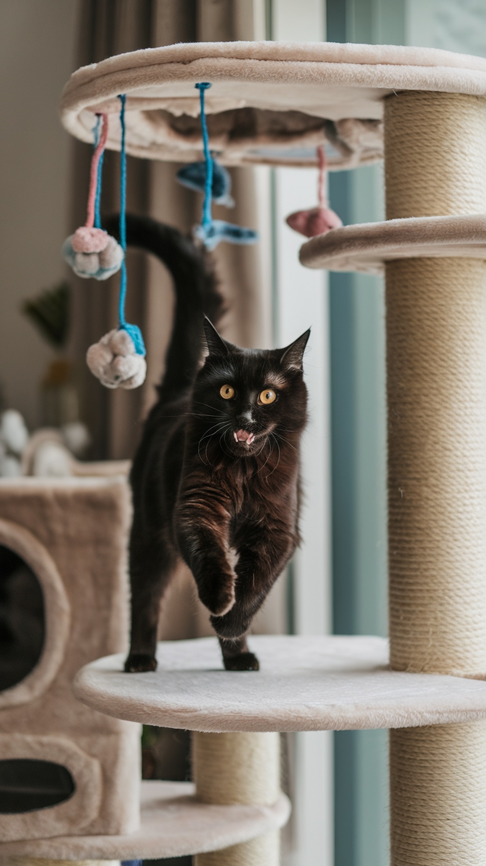 A playful black cat exploring an interactive cat tree with dangling toys.