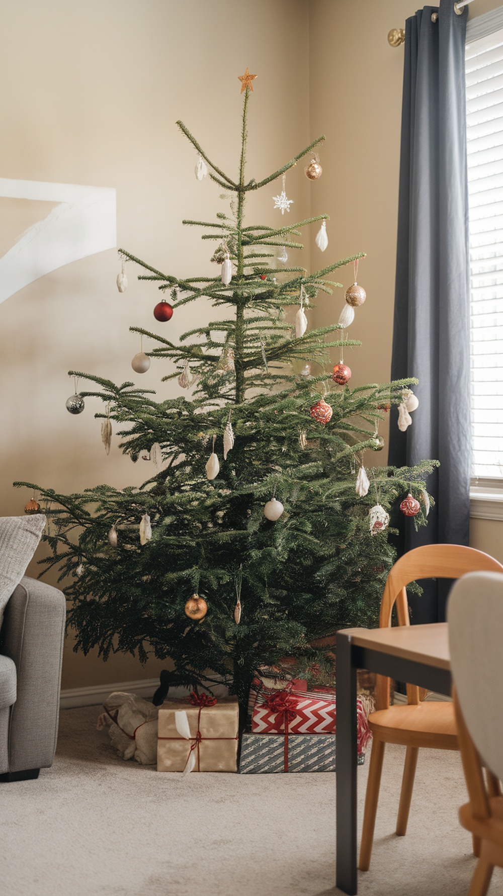 A decorated Christmas tree in a cozy living room with presents underneath.