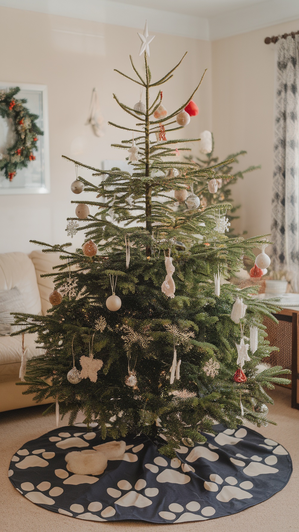A decorated Christmas tree with a paw print tree skirt.