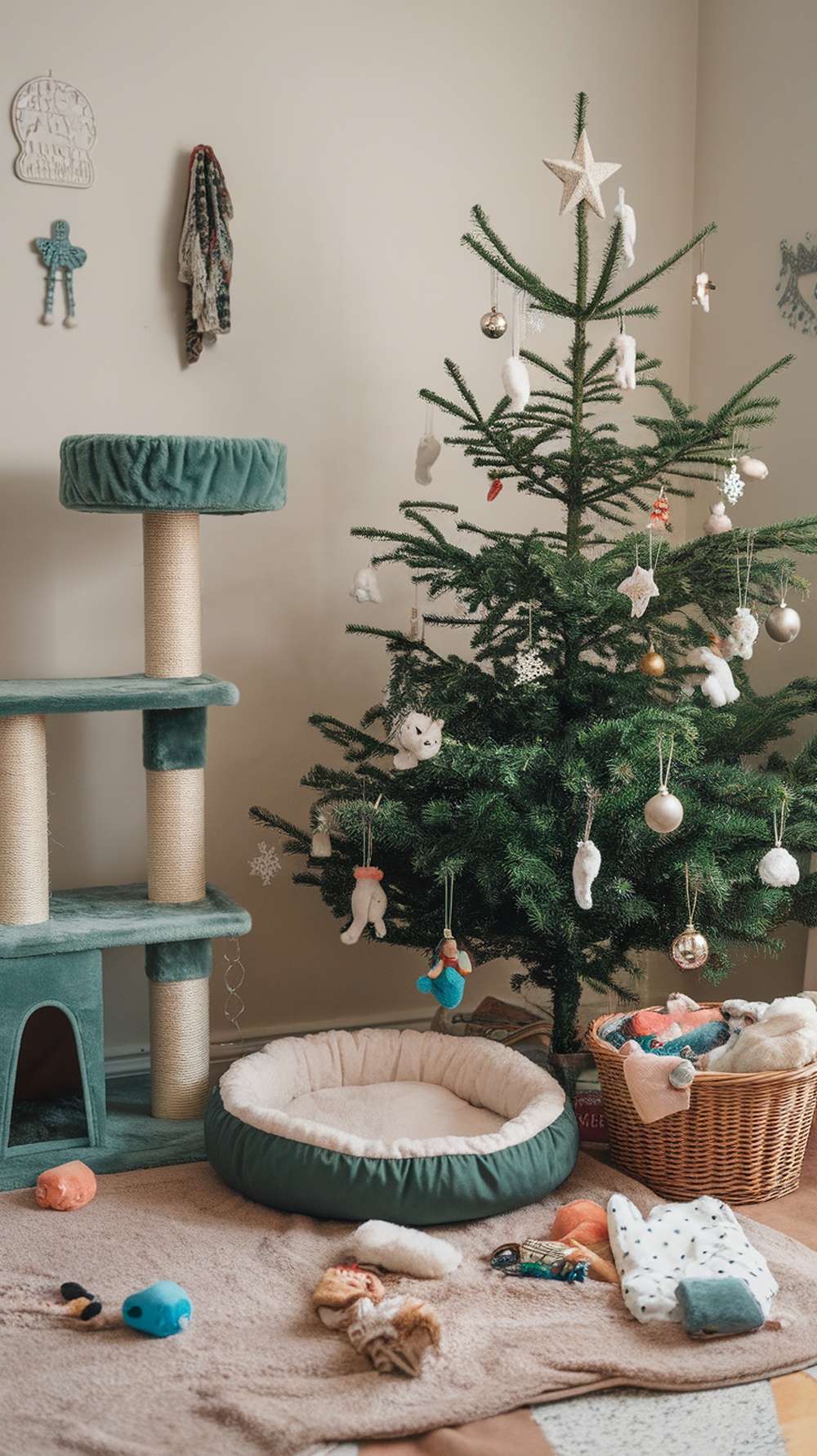 Cozy cat space with a tree, bed, and toys