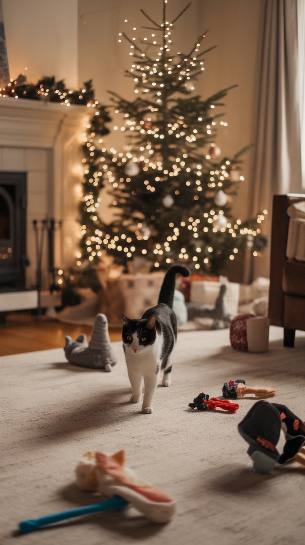 A cozy living room with a Christmas tree and scattered cat toys on the floor.