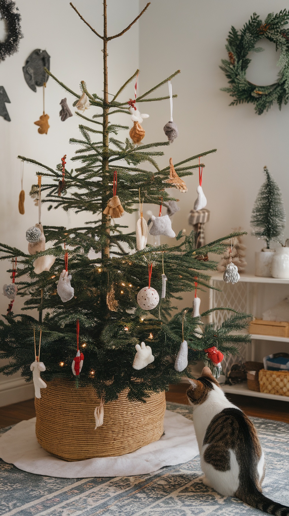 A Christmas tree decorated with soft, handmade ornaments, and a cat sitting nearby.