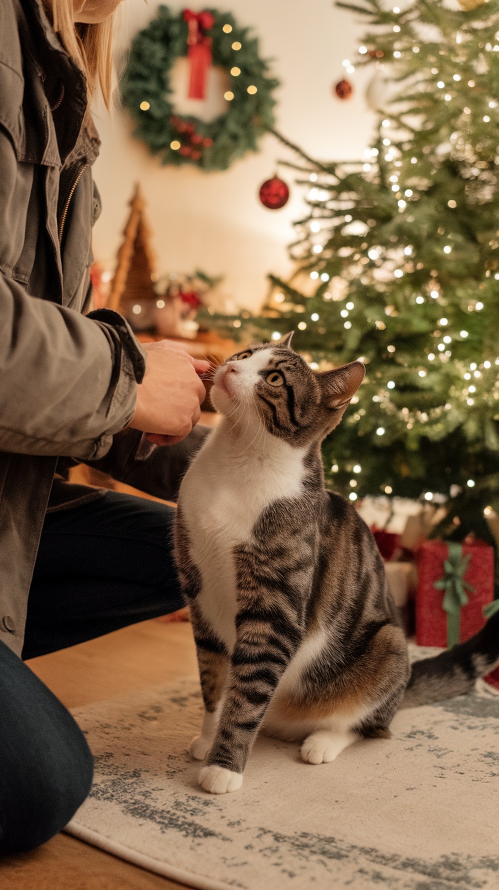 A person training a cat with treats near a decorated Christmas tree.