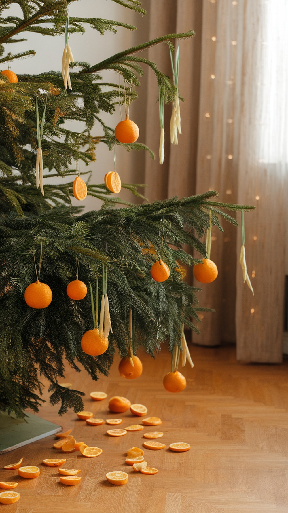 A Christmas tree decorated with oranges and citrus peels, with some peels scattered on the floor.