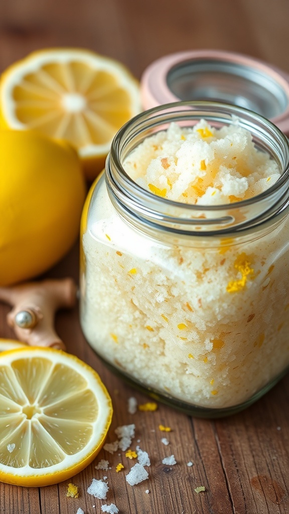 A jar of lemon ginger sugar scrub with lemon and ginger on a wooden table.