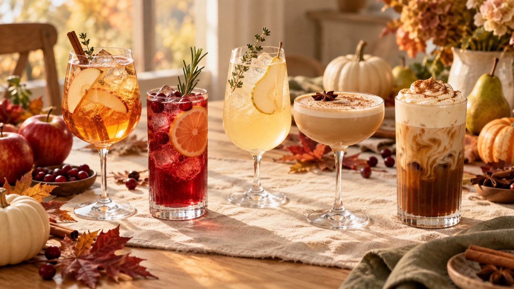 A festive autumn mocktail bar with apple, cranberry, pear, chai, and pumpkin drinks