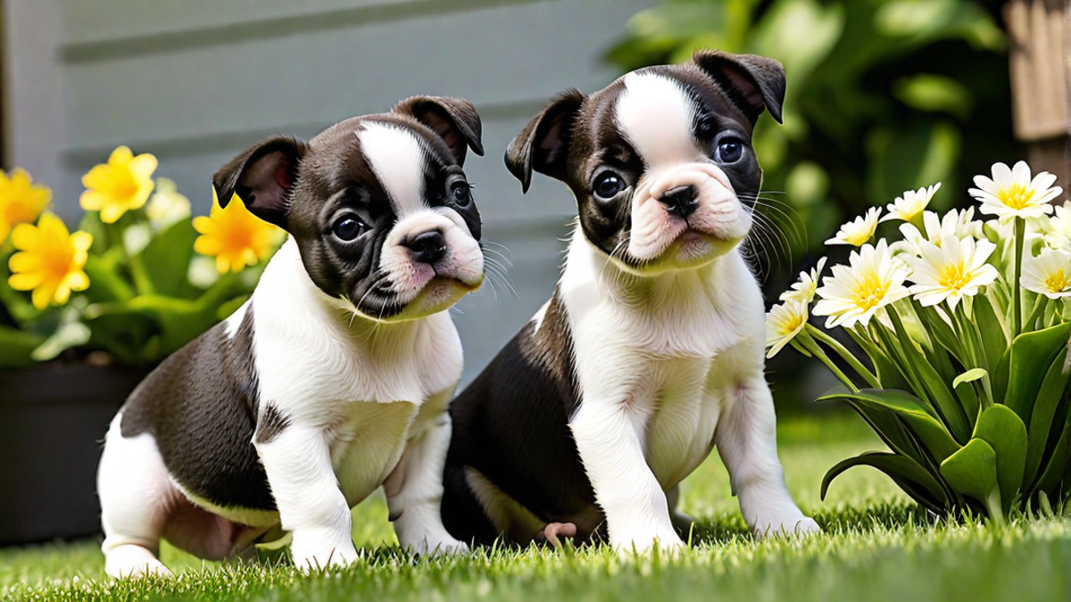 Boston Terrier Puppies Enjoying a Sunny Day Outside