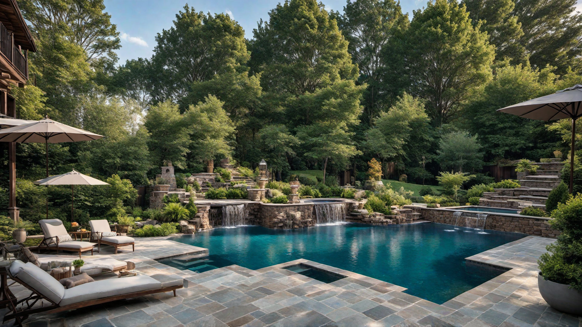 Rustic Wood and Stone Pool Deck