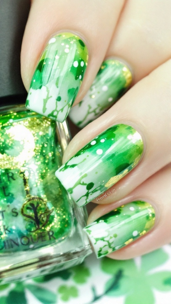 Close-up of a manicured green nail with gold dots, surrounded by green clovers and flowers.
