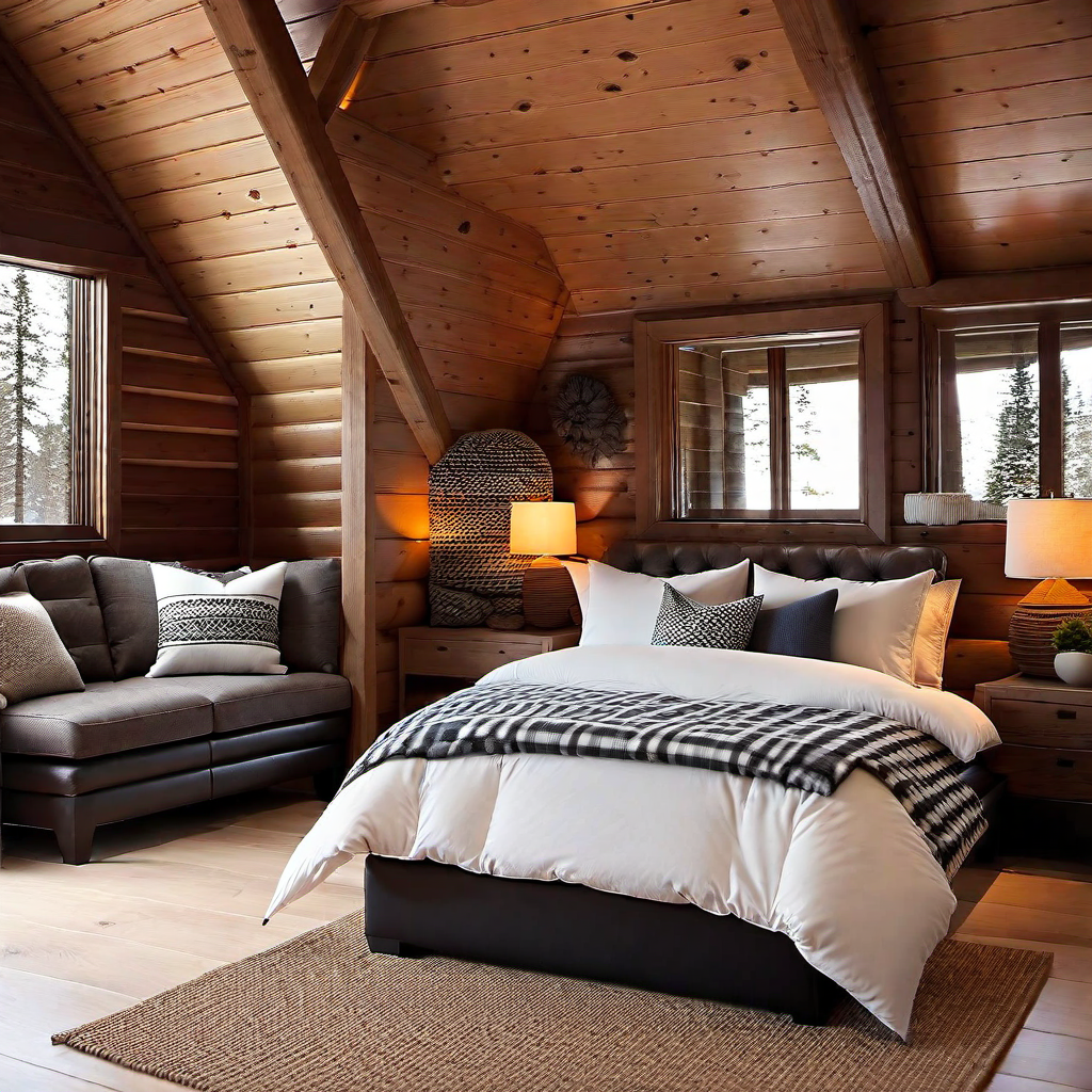 Cozy Retreat: Plush Cabin Bedroom with Warm Textiles