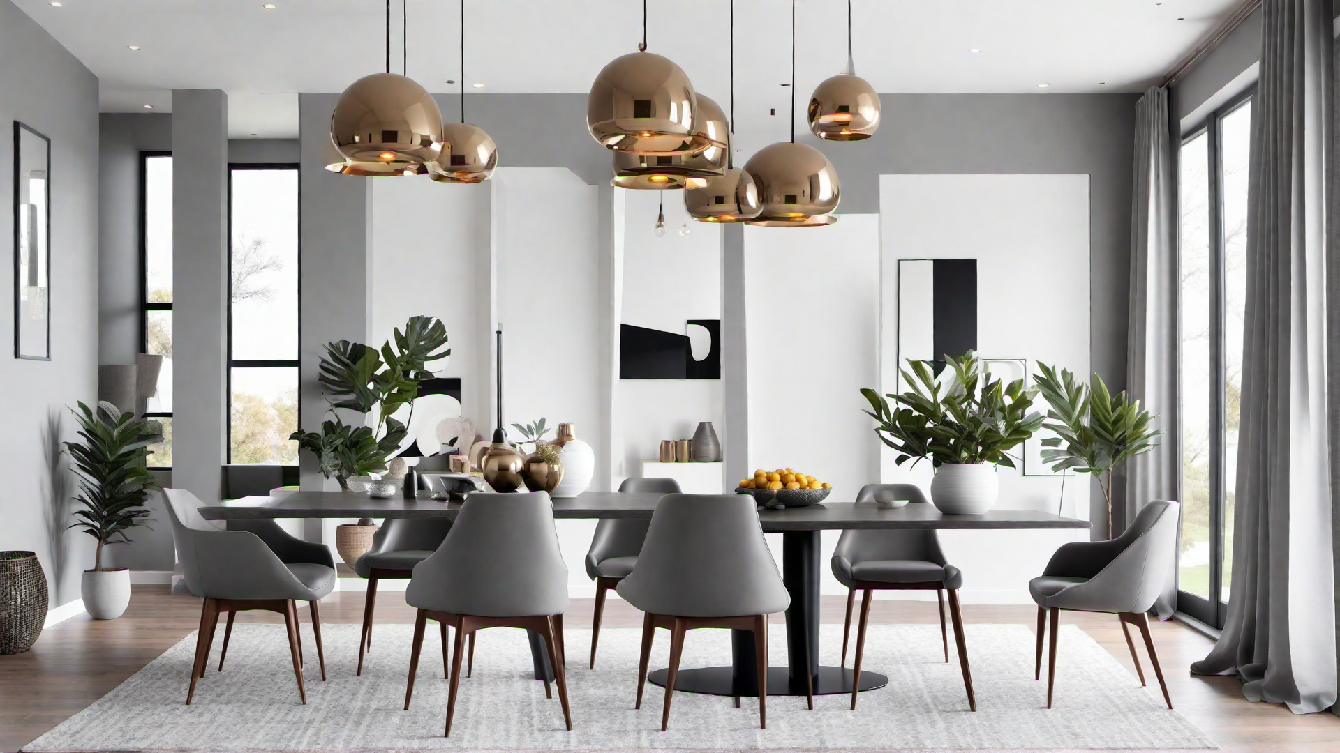 Sleek Grey Dining Room with Metallic Touches