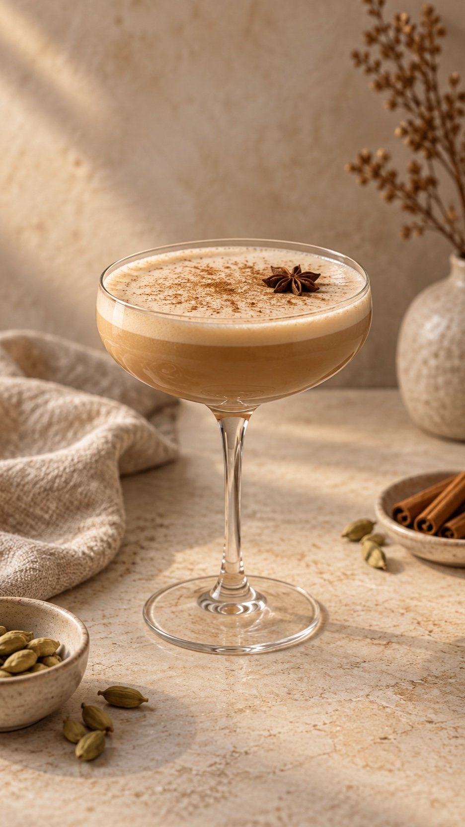 Creamy maple chai mocktail in a coupe with cinnamon and star anise