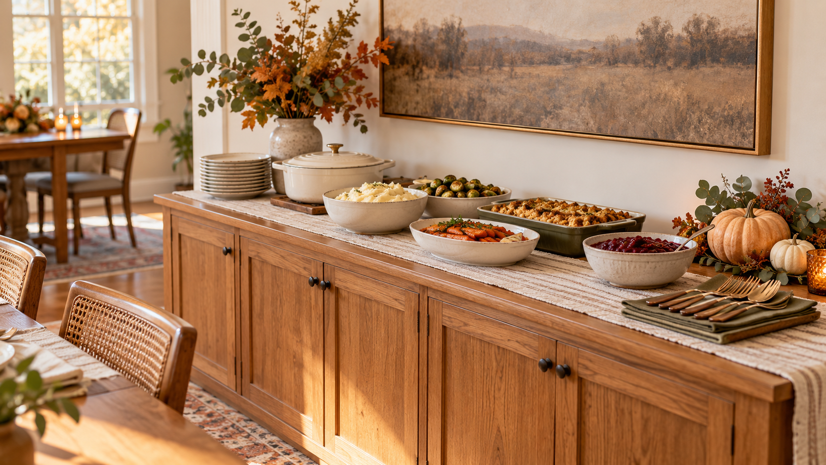 Thanksgiving buffet table arranged along a warm oak sideboard with plates, covered serving dishes, autumn sides, and a small low foliage accent