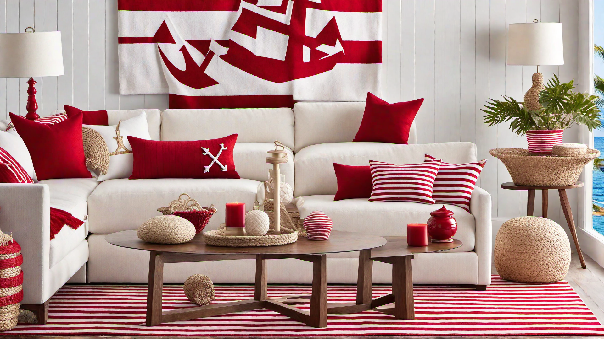 Coastal Retreat: Red Accents in a Nautical Themed Living Room