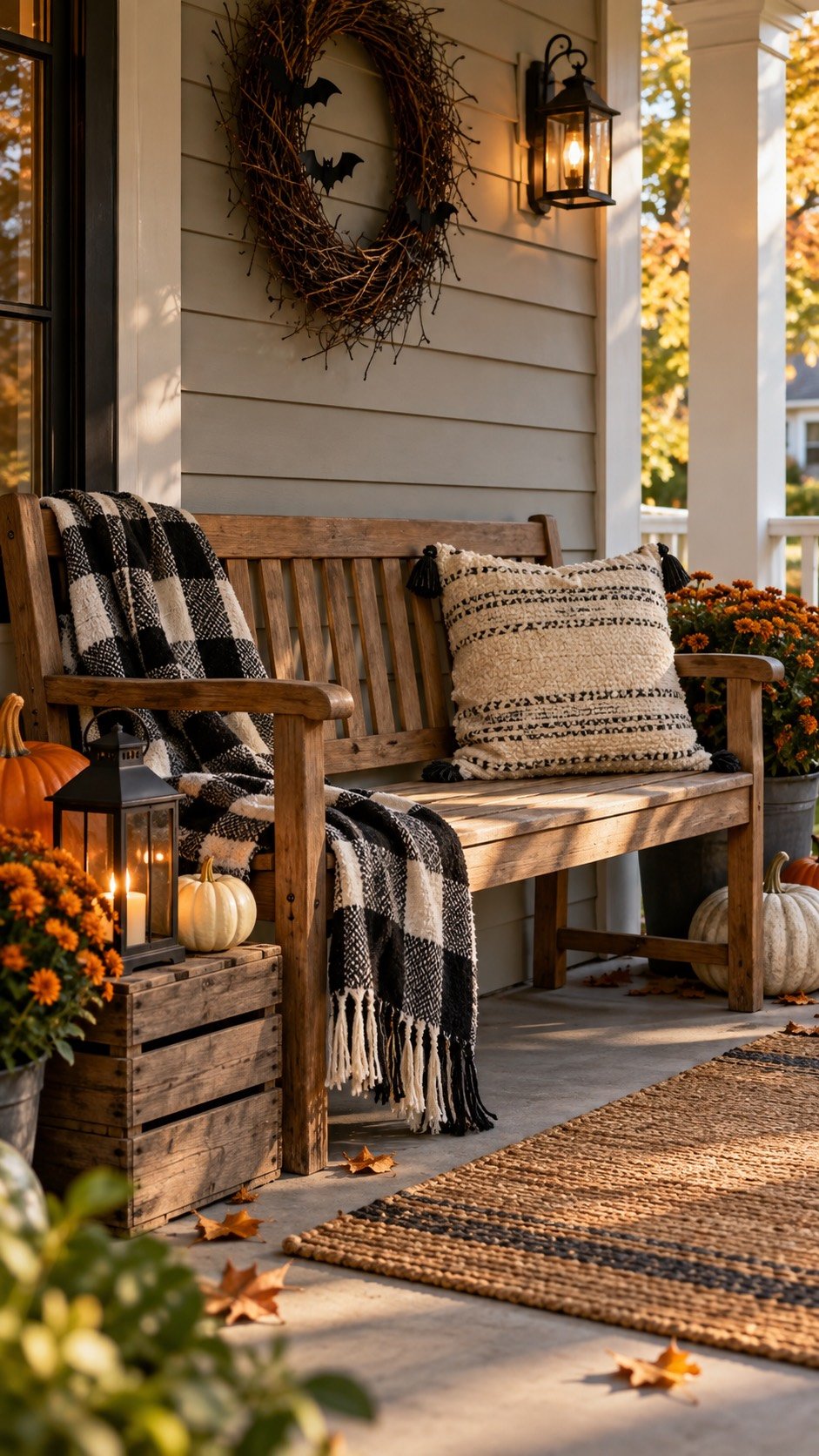 Cozy Halloween porch bench with throw, pillow and lantern