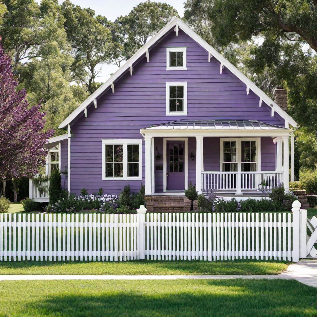 Muted Purple Farmhouse with White Picket Fence